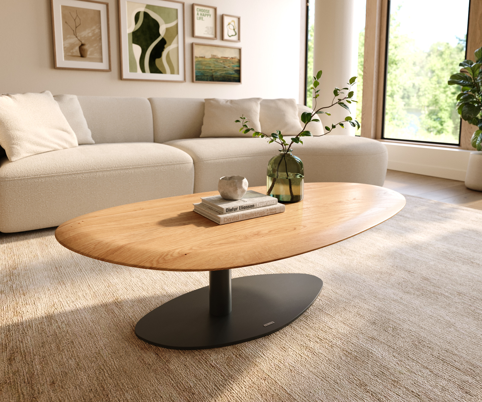 Dohányzóasztal Edge ovális 140x75 cm tölgy természetes kerek él Vibany fém fekete