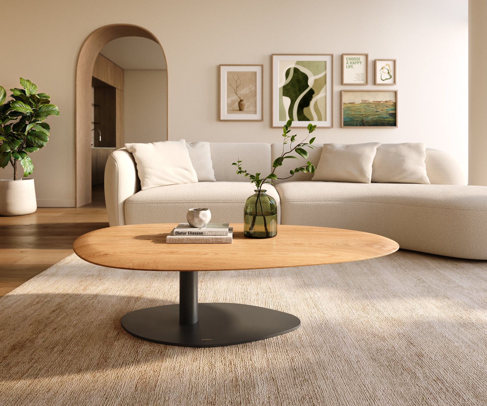 Dohányzóasztal Edge ovális 140x75 cm tölgy természetes kerek él Vibany fém fekete - Image 2