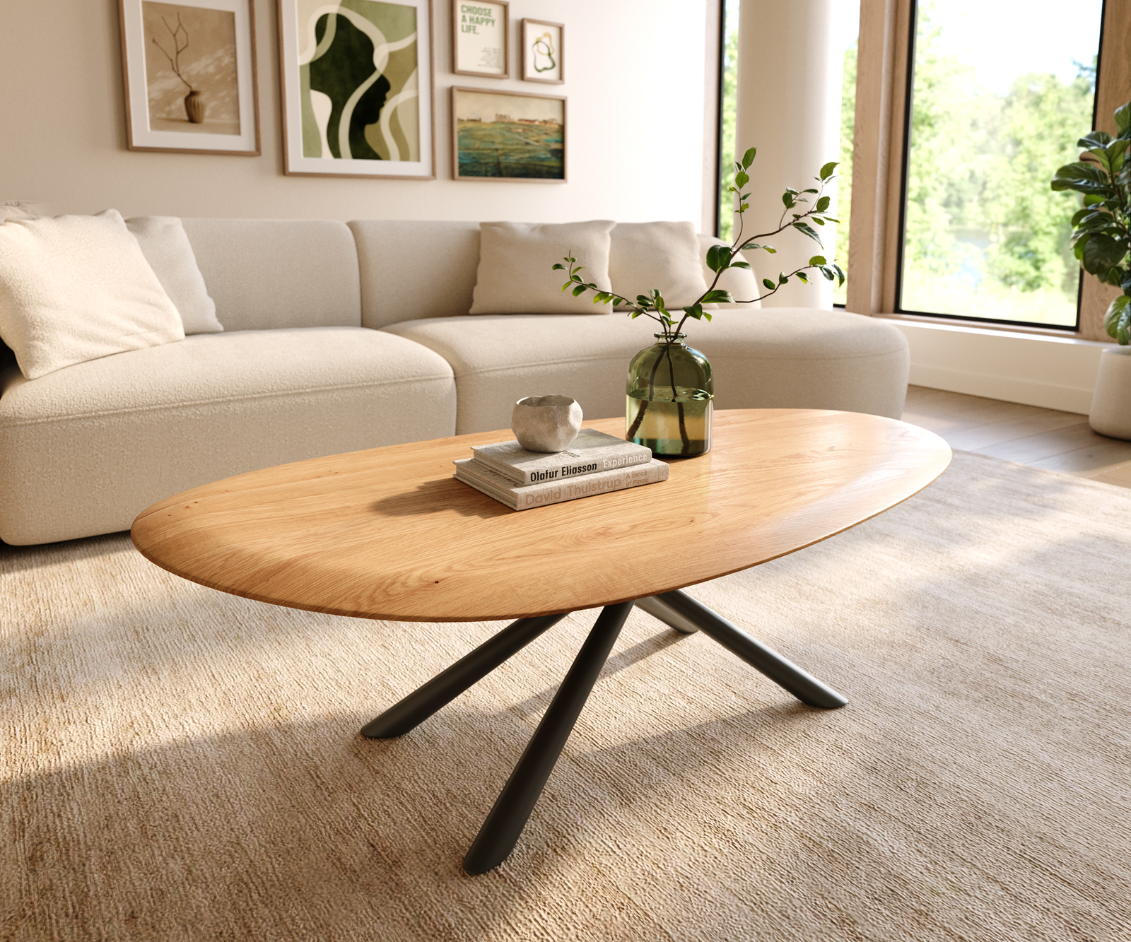 Dohányzóasztal Edge ovális 140x75 cm tölgy természetes kerek él Sarity fém fekete