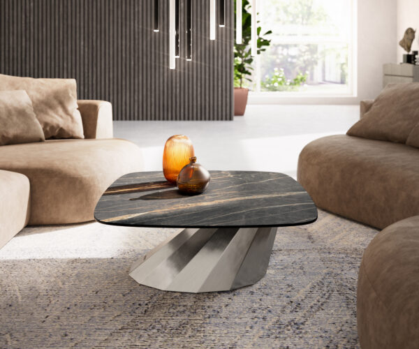 Dohányzóasztal Edge hajóformájú 90x90 cm Laminam® kerámia Noir Desir barna Parabi rozsdamentes acél szálcsiszolt - Image 2