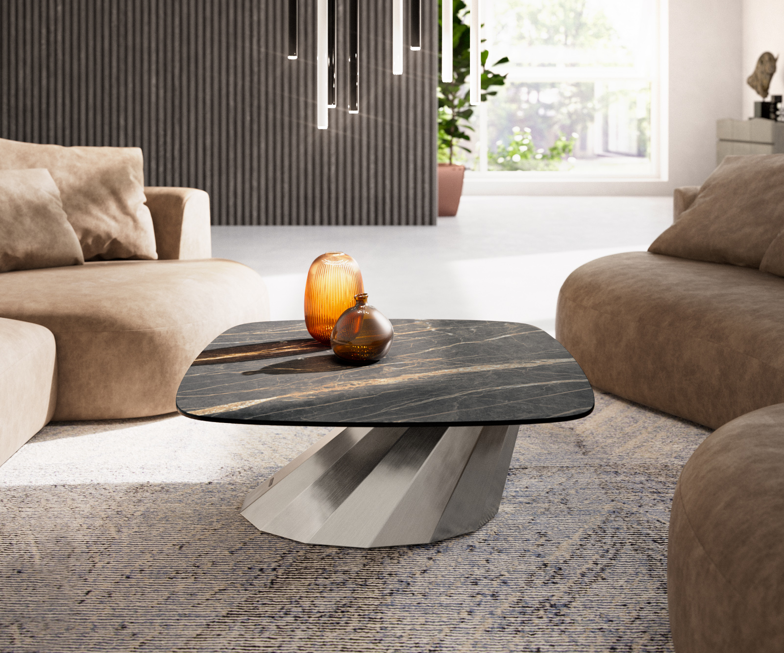 Dohányzóasztal Edge hajóformájú 90x90 cm Laminam® kerámia Noir Desir barna Parabi rozsdamentes acél szálcsiszolt - Image 2