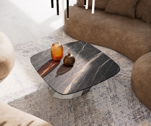 Dohányzóasztal Edge hajóformájú 90x90 cm Laminam® kerámia Noir Desir barna Parabi rozsdamentes acél szálcsiszolt - Image 4