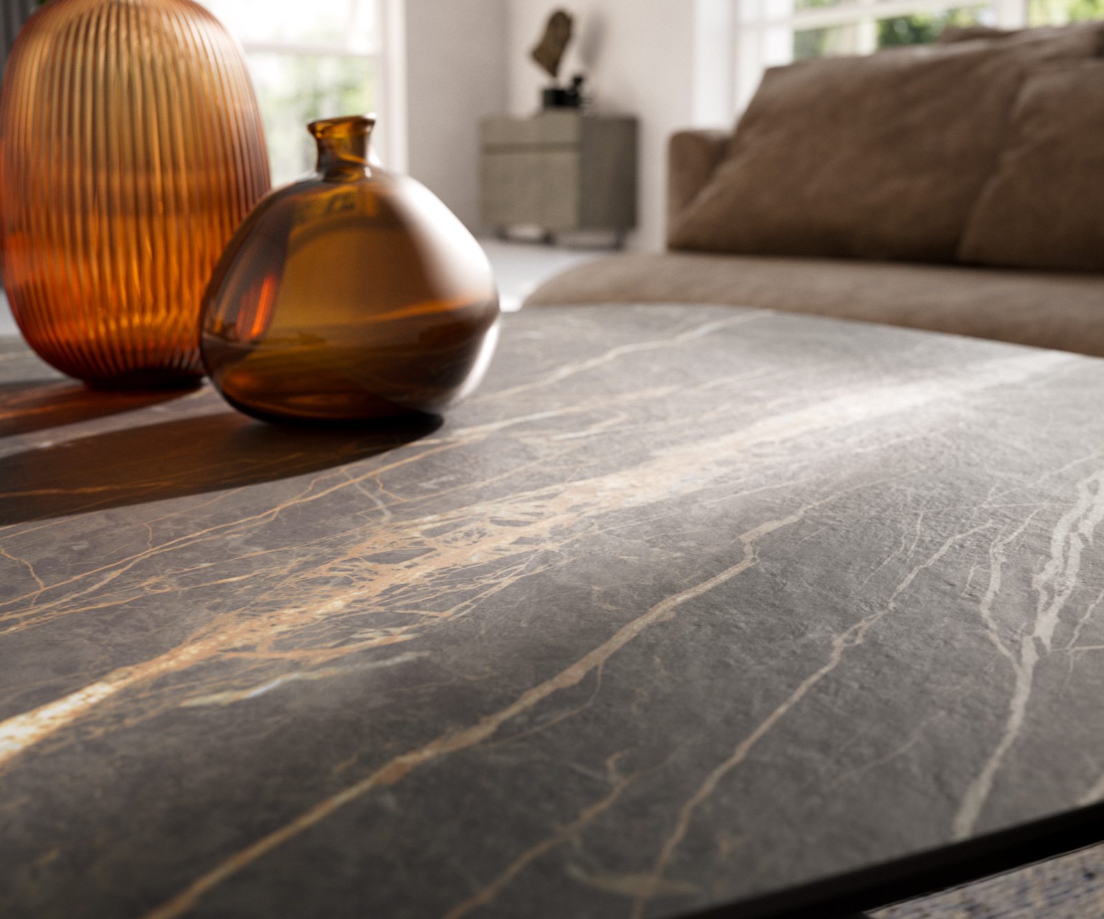 Dohányzóasztal Edge hajóformájú 90x90 cm Laminam® kerámia Noir Desir barna Parabi metál ezüst - Image 7