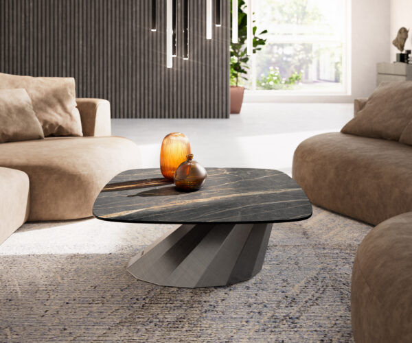 Dohányzóasztal Edge hajóformájú 90x90 cm Laminam® kerámia Noir Desir barna Parabi metál ezüst - Image 2