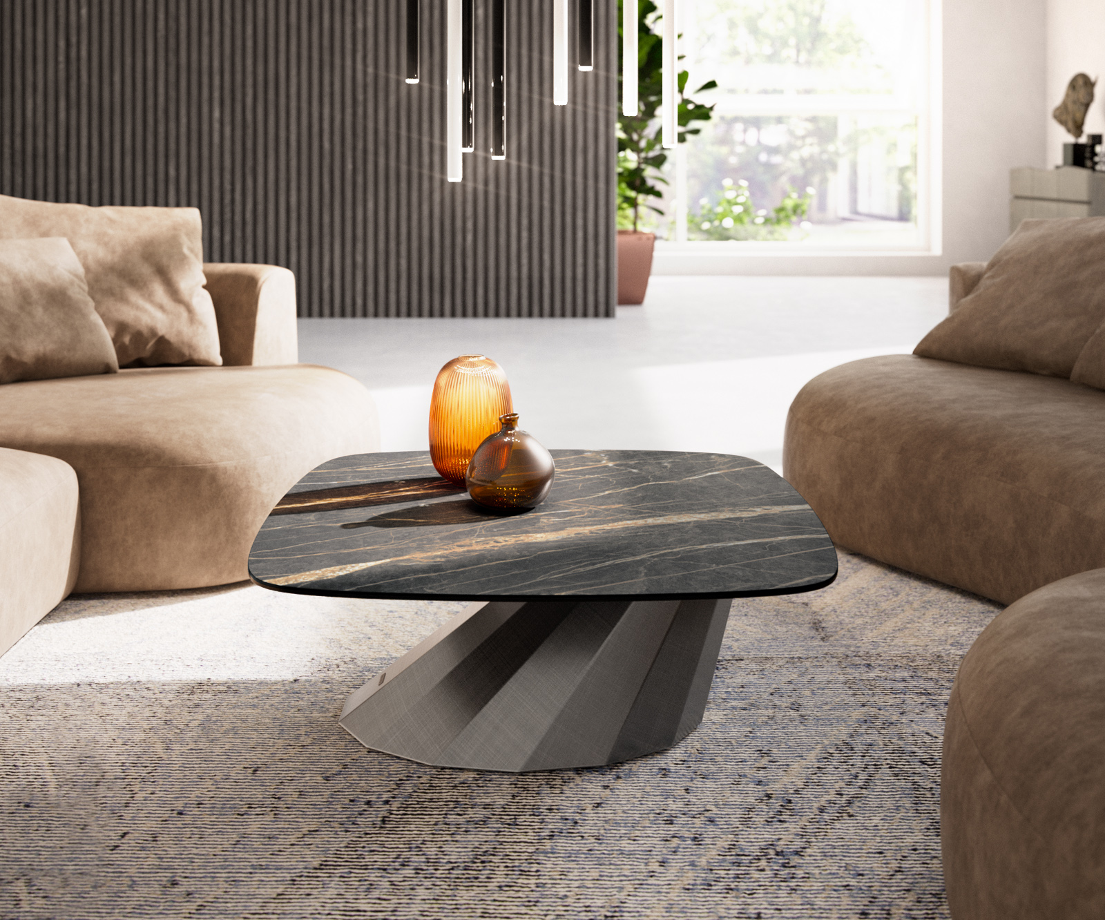 Dohányzóasztal Edge hajóformájú 90x90 cm Laminam® kerámia Noir Desir barna Parabi metál ezüst - Image 2