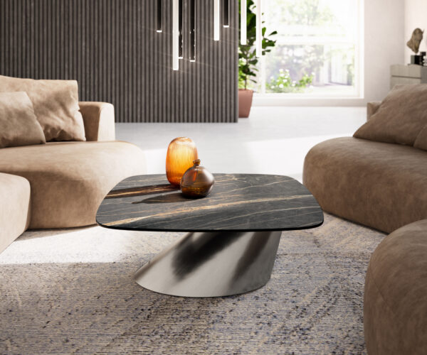 Dohányzóasztal Edge hajóformájú 90x90 cm Laminam® kerámia Noir Desir barna Conis rozsdamentes acél szálcsiszolt - Image 2