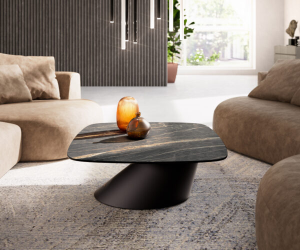 Dohányzóasztal Edge hajóformájú 90x90 cm Laminam® kerámia Noir Desir barna Conis fém fekete - Image 2