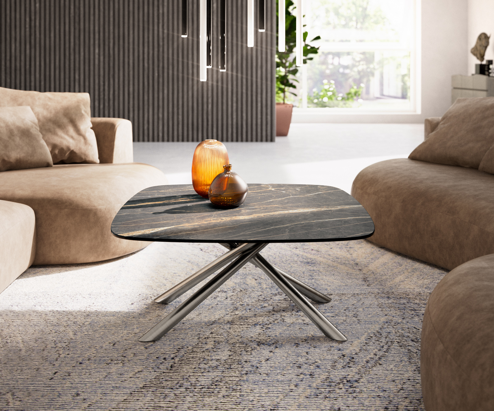 Dohányzóasztal Edge hajóformájú 90x90 cm Laminam® kerámia Noir Desir barna Sarity szálcsiszolt rozsdamentes acél - Image 2