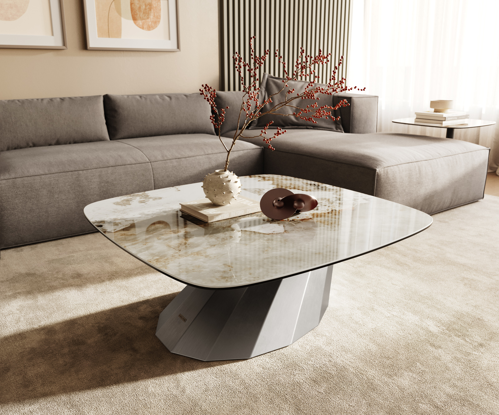 Dohányzóasztal Edge hajóformájú 90x90 cm kerámia Minas Melange Parabi rozsdamentes acél szálcsiszolt