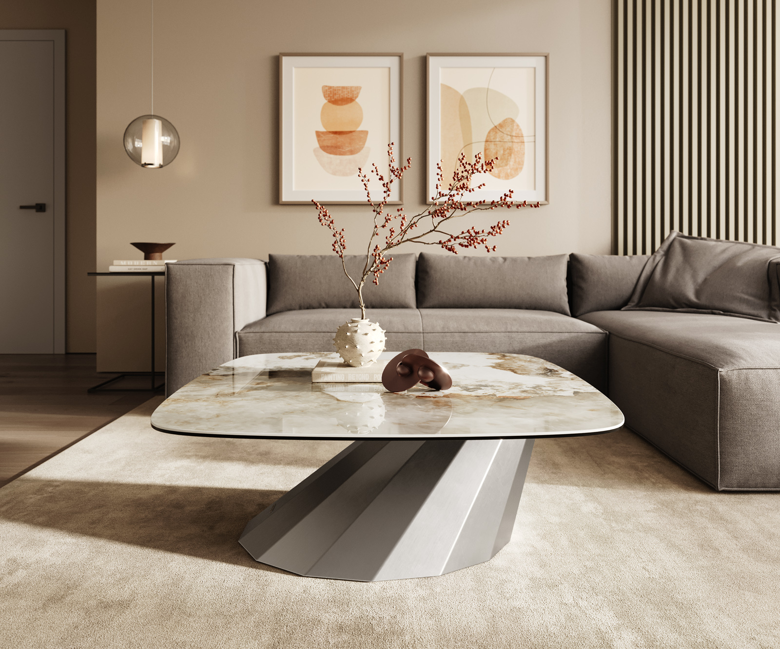 Dohányzóasztal Edge hajóformájú 90x90 cm kerámia Minas Melange Parabi rozsdamentes acél szálcsiszolt - Image 2