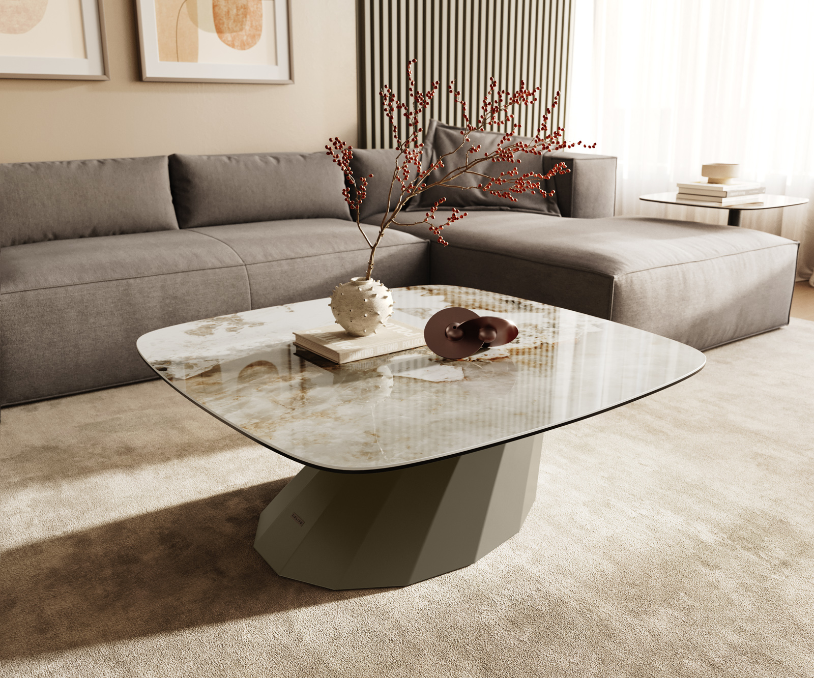 Dohányzóasztal Edge hajóformájú 90x90 cm kerámia Minas Melange Parabi fém titán színű effektfinish