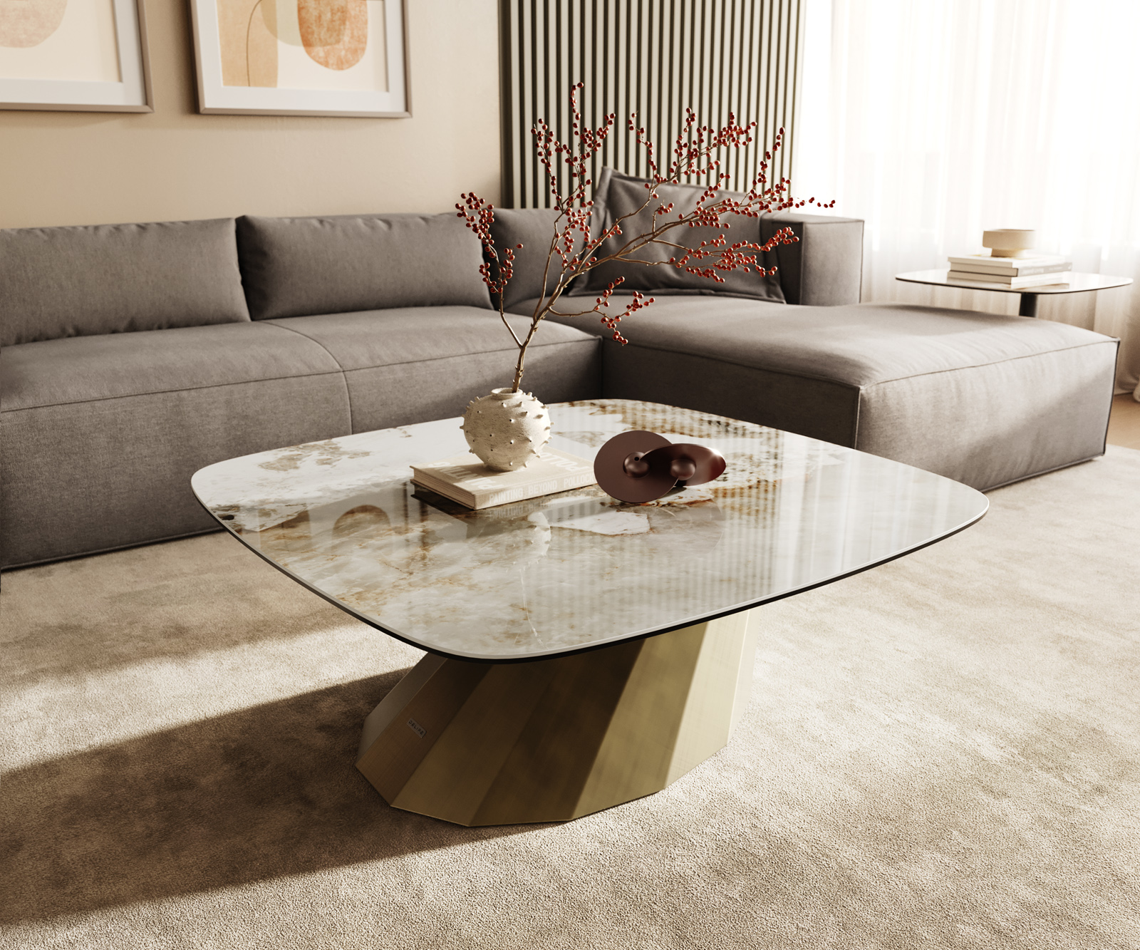 Dohányzóasztal Edge hajóformájú 90x90 cm kerámia Minas melange Parabi metál arany