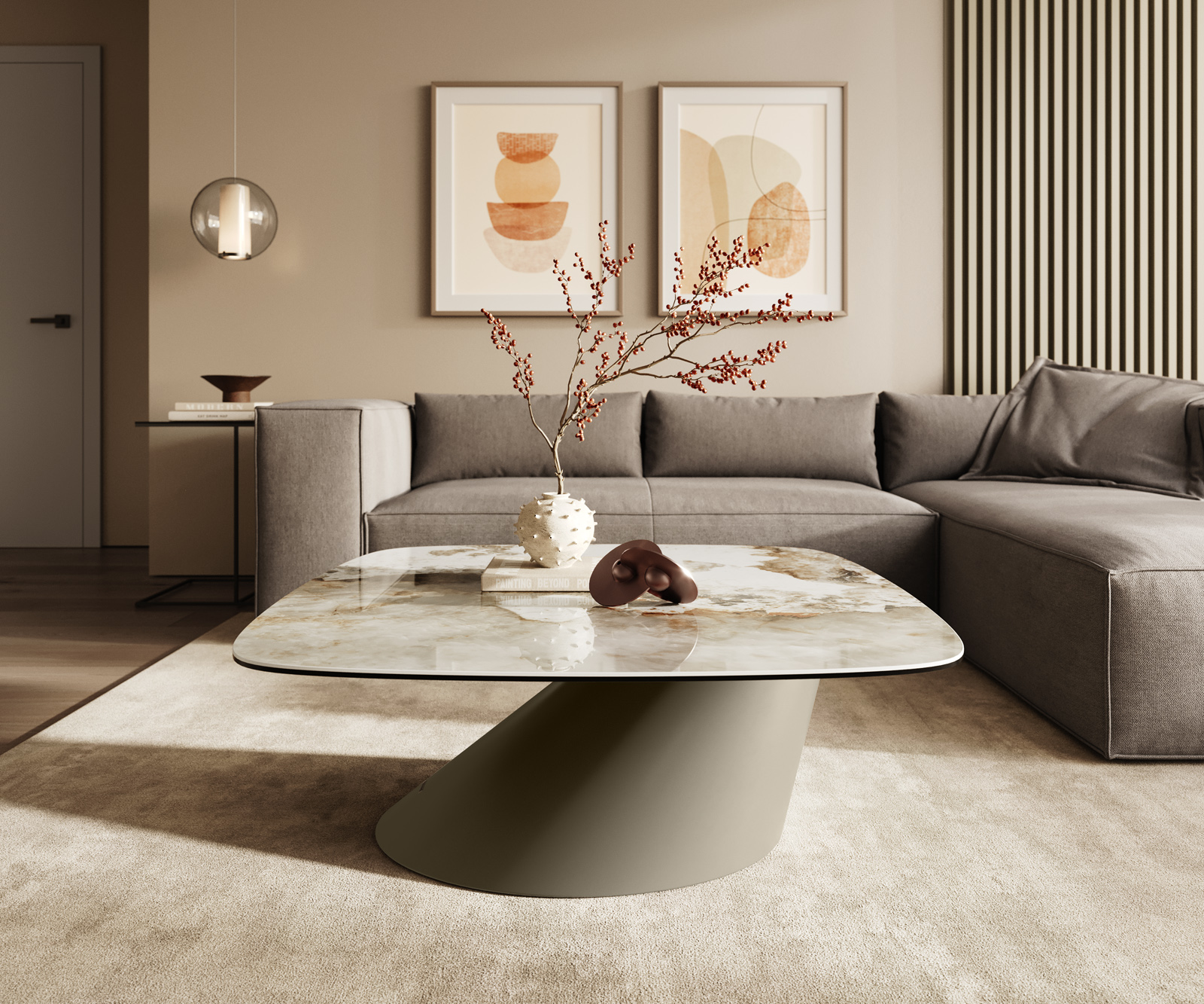 Dohányzóasztal Edge hajóformájú 90x90 cm kerámia Minas melange Conis fém titán színű effektfinish - Image 2