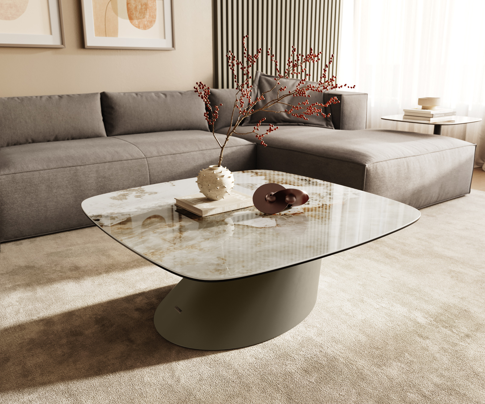 Dohányzóasztal Edge hajóformájú 90x90 cm kerámia Minas melange Conis fém titán színű effektfinish