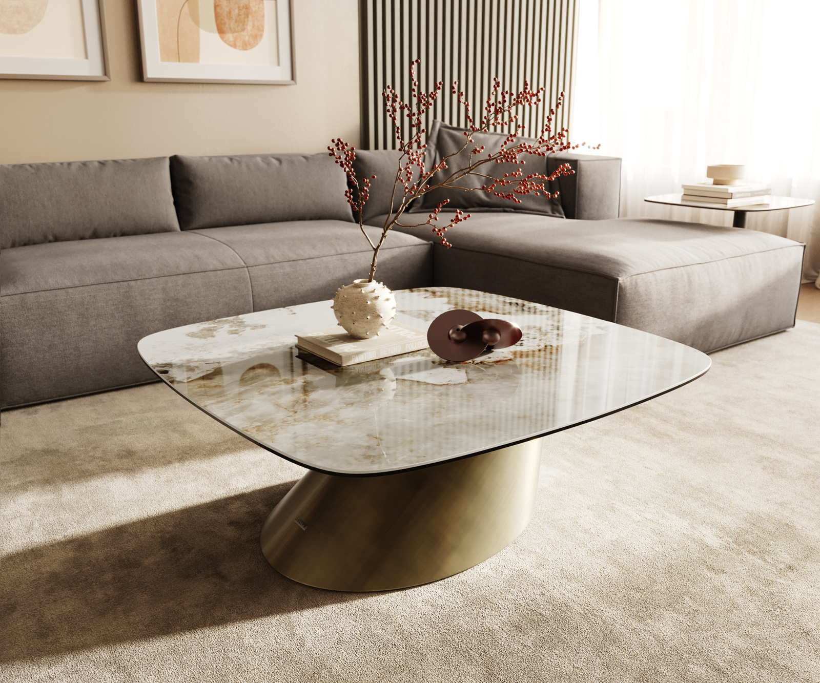 Dohányzóasztal Edge hajóformájú 90x90 cm kerámia Minas Melange Conis metál arany
