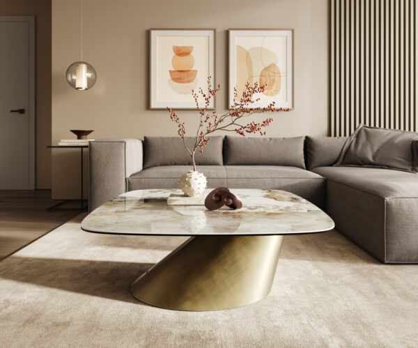 Dohányzóasztal Edge hajóformájú 90x90 cm kerámia Minas Melange Conis metál arany - Image 2