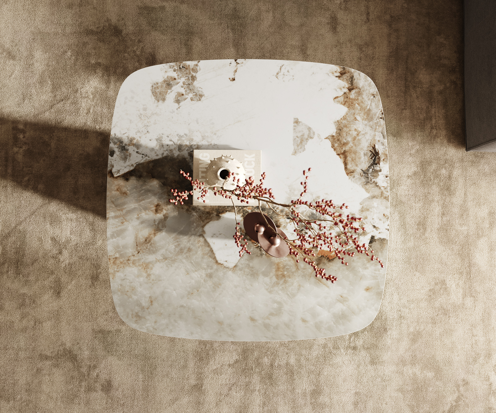 Dohányzóasztal Edge hajóformájú 90x90 cm kerámia Minas Melange Conis metál arany - Image 4
