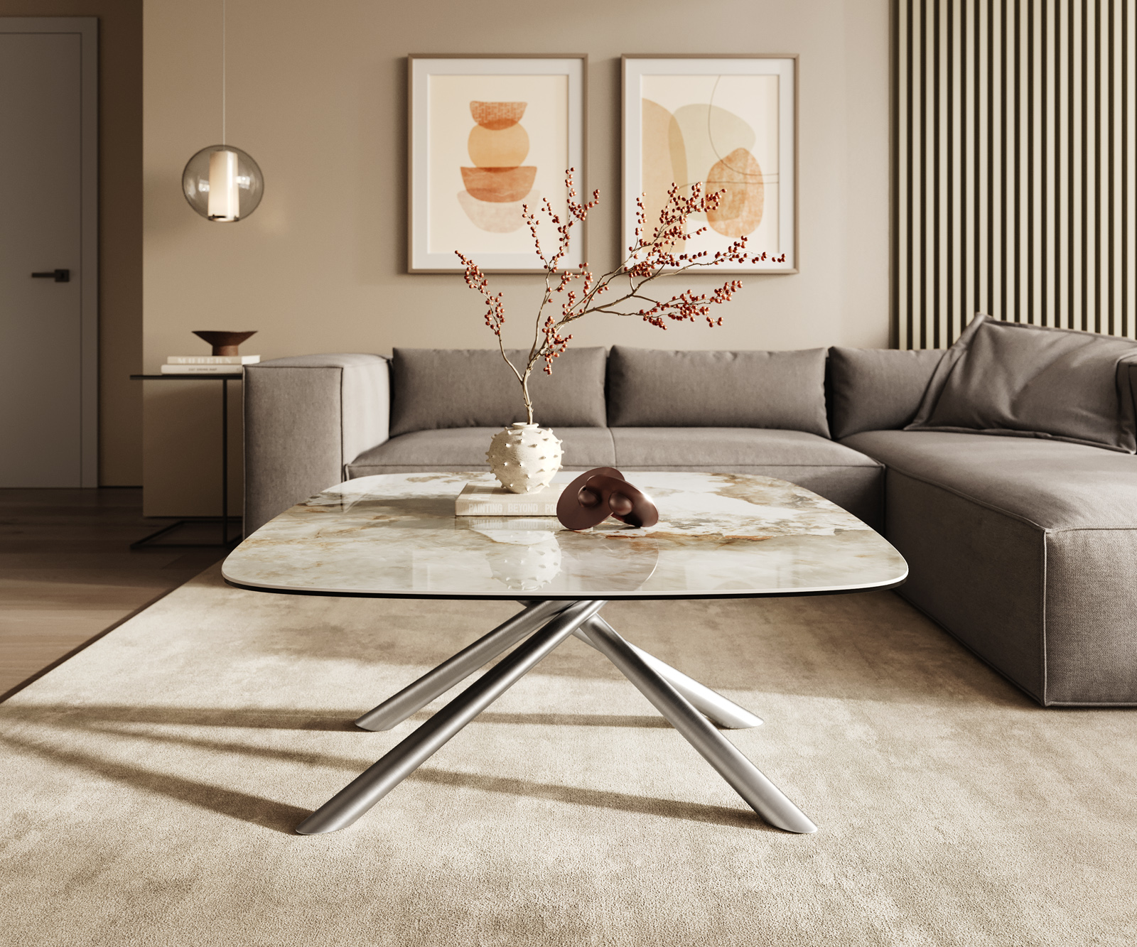 Dohányzóasztal Edge hajóformájú 90x90 cm kerámia Minas Melange Sarity rozsdamentes acél szálcsiszolt - Image 2