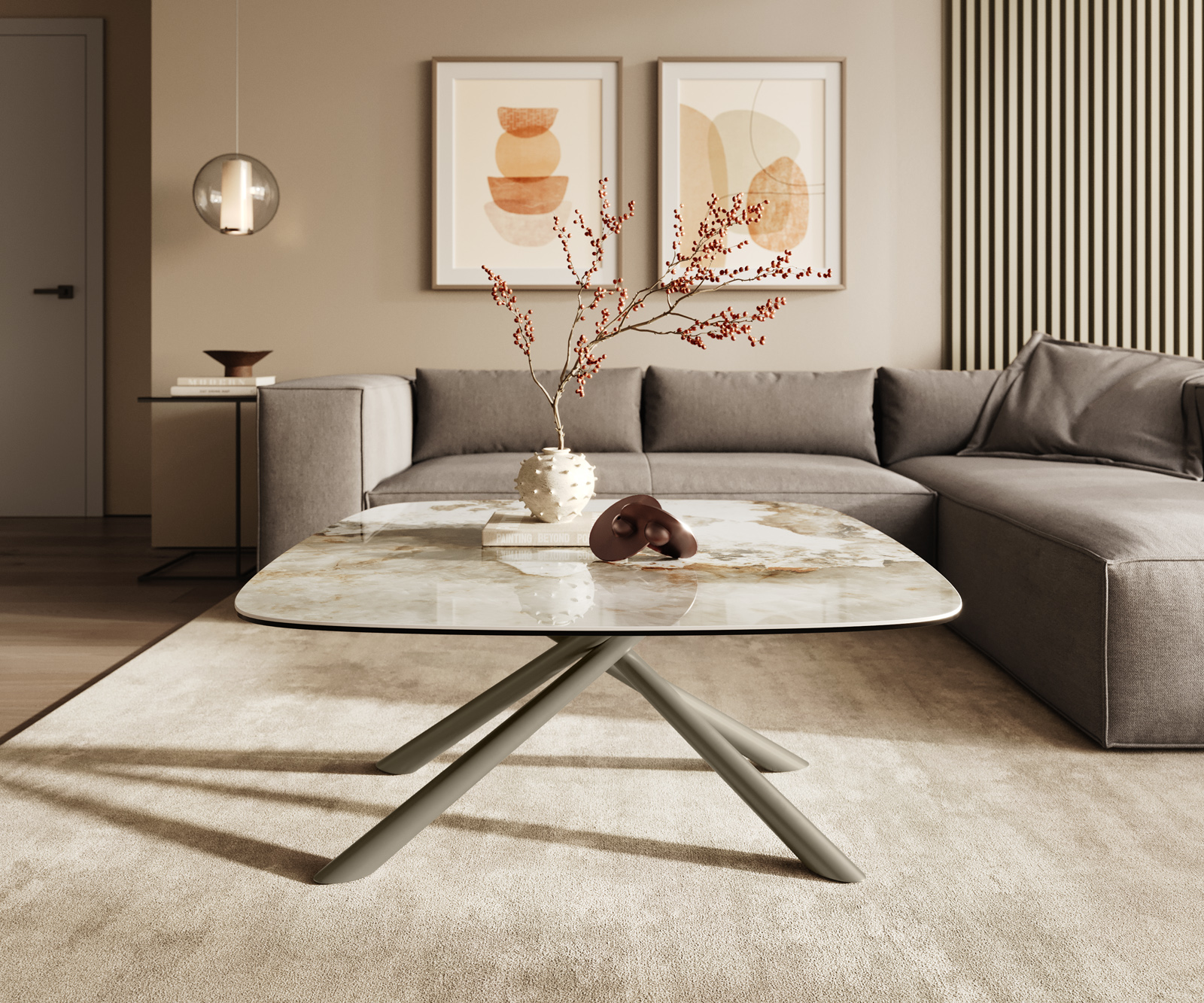 Dohányzóasztal Edge hajóformájú 90x90 cm kerámia Minas Melange Sarity fém titán effektfinish - Image 2