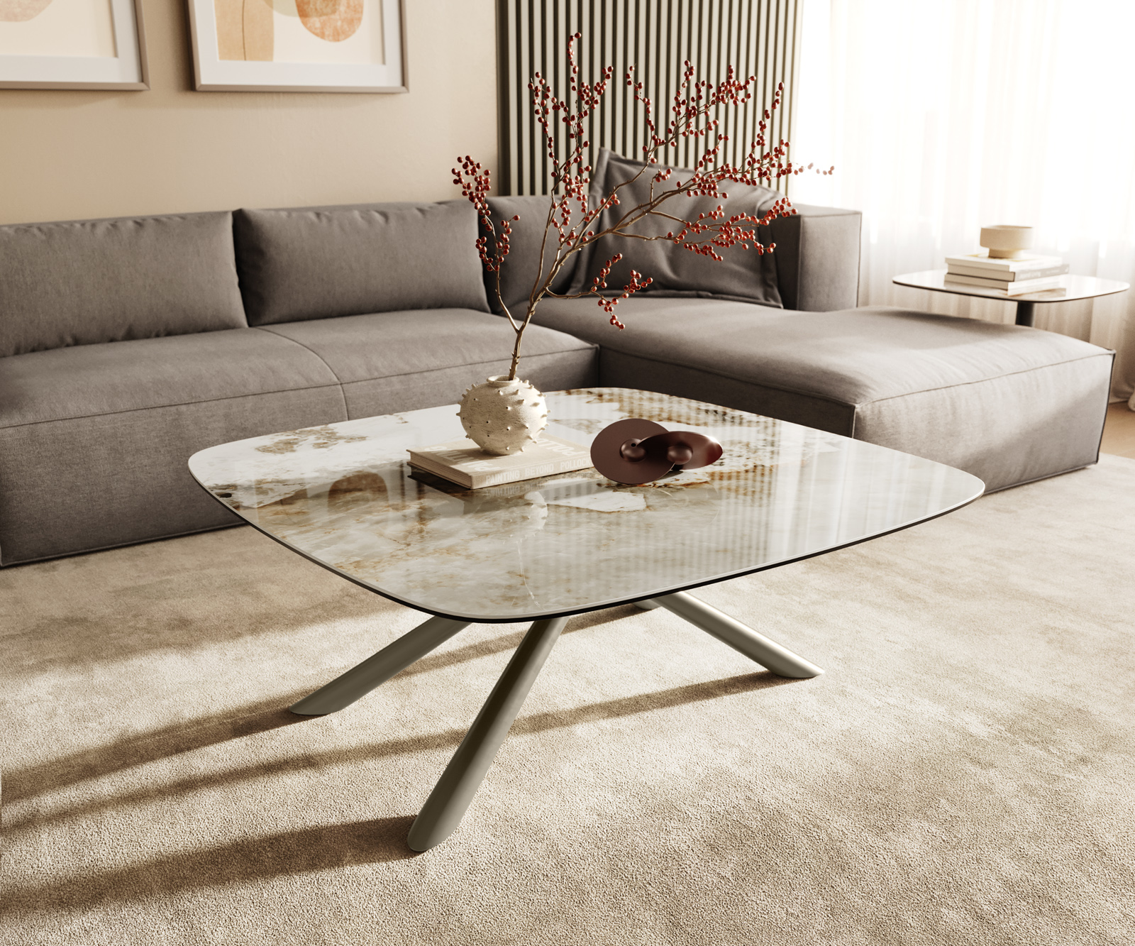 Dohányzóasztal Edge hajóformájú 90x90 cm kerámia Minas Melange Sarity fém titán effektfinish