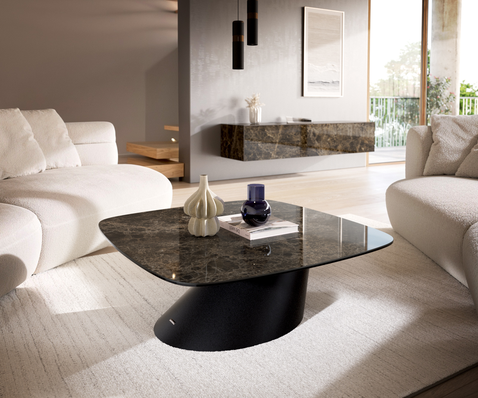 Dohányzóasztal Edge hajóformájú 90x90 cm Laminam® Emperador extra polírozott sötétbarna Conis fém fekete