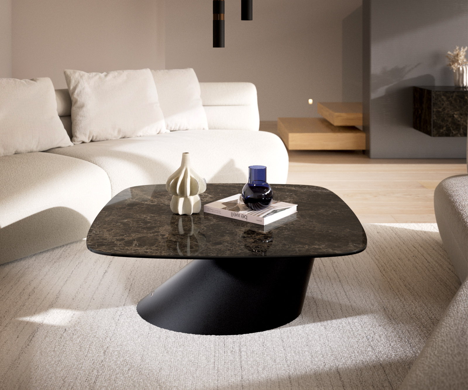 Dohányzóasztal Edge hajóformájú 90x90 cm Laminam® Emperador extra polírozott sötétbarna Conis fém fekete - Image 2