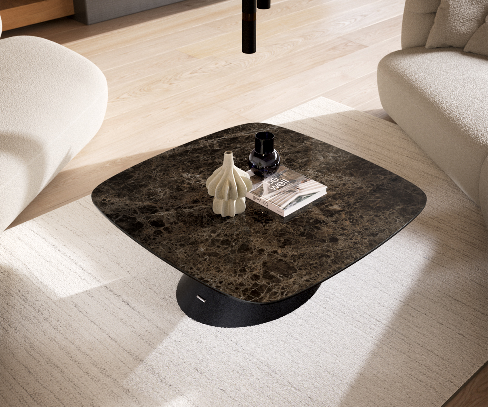 Dohányzóasztal Edge hajóformájú 90x90 cm Laminam® Emperador extra polírozott sötétbarna Conis fém fekete - Image 4