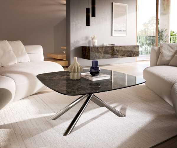Dohányzóasztal Edge hajóformájú 90x90 cm Laminam® Emperador kerámia extra polírozott sötétbarna Sarity rozsdamentes acél szálcsiszolt
