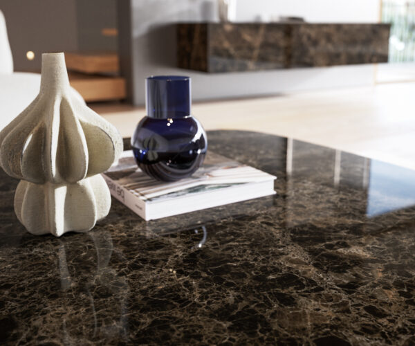 Dohányzóasztal Edge hajóformájú 90x90 cm Laminam® Emperador kerámia extra polírozott sötétbarna Sarity rozsdamentes acél szálcsiszolt - Image 7