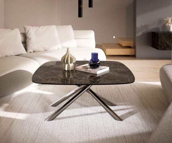 Dohányzóasztal Edge hajóformájú 90x90 cm Laminam® Emperador kerámia extra polírozott sötétbarna Sarity rozsdamentes acél szálcsiszolt - Image 2