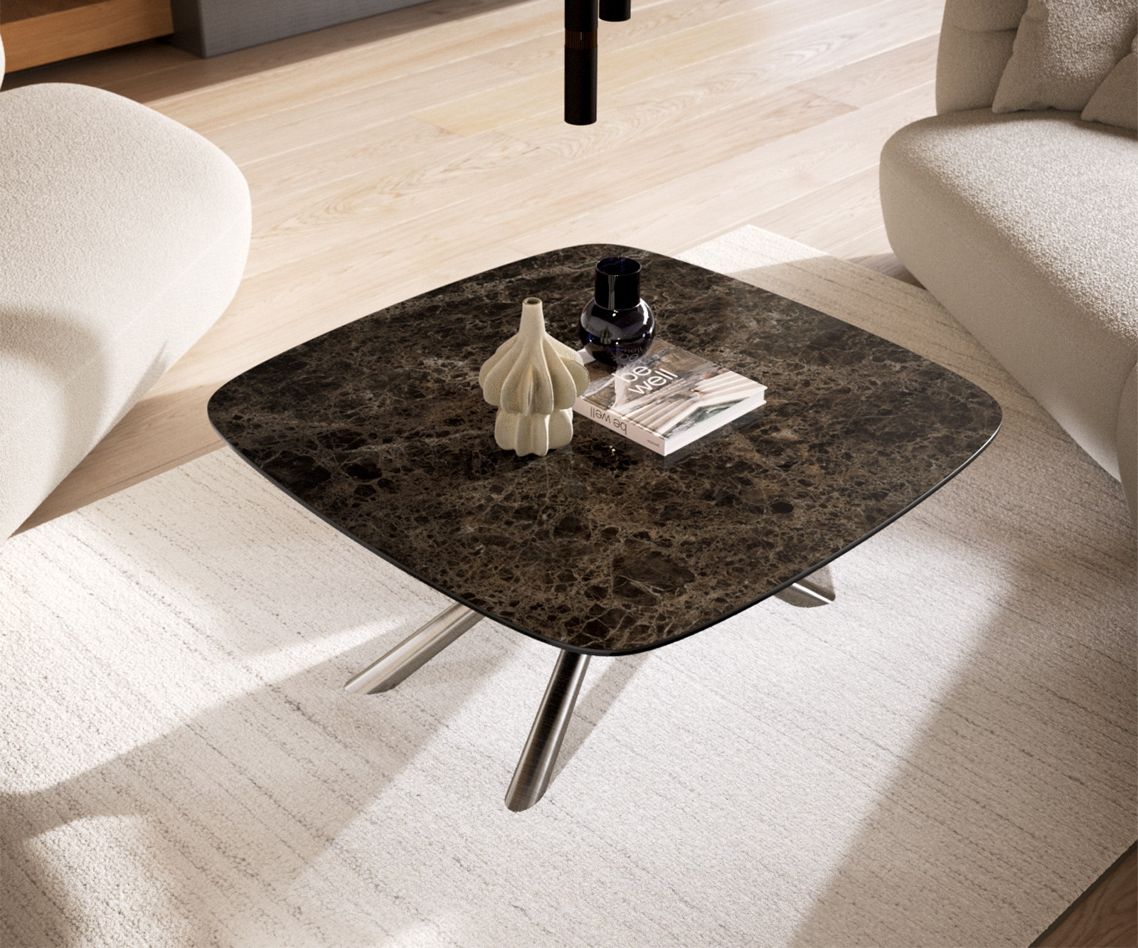Dohányzóasztal Edge hajóformájú 90x90 cm Laminam® Emperador kerámia extra polírozott sötétbarna Sarity rozsdamentes acél szálcsiszolt - Image 4