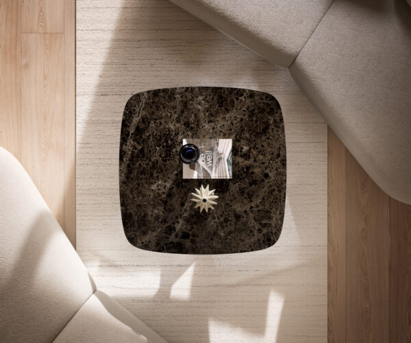 Dohányzóasztal Edge hajóformájú 90x90 cm Laminam® Emperador kerámia extra polírozott sötétbarna Sarity rozsdamentes acél szálcsiszolt - Image 6