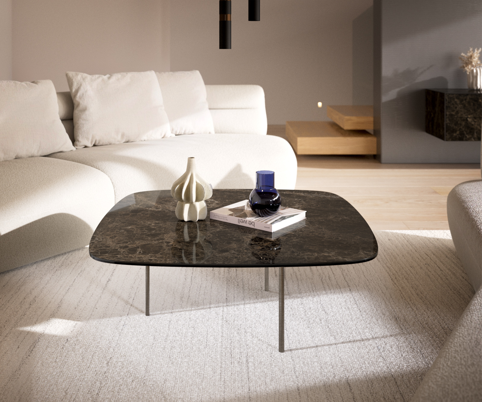 Dohányzóasztal Edge hajóformájú 90x90 cm Laminam® Emperador kerámia extra fényes sötétbarna Trive rozsdamentes acél szálcsiszolt - Image 2