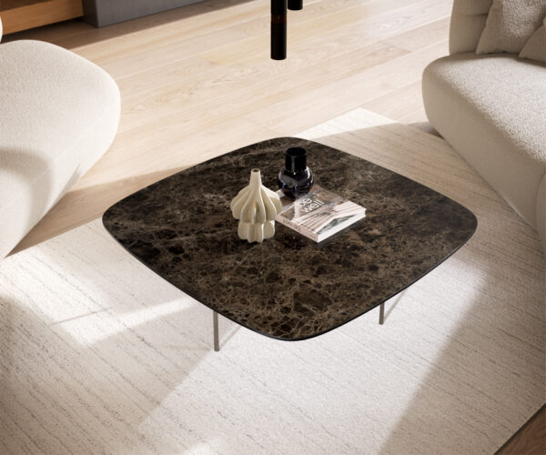 Dohányzóasztal Edge hajóformájú 90x90 cm Laminam® Emperador kerámia extra fényes sötétbarna Trive rozsdamentes acél szálcsiszolt - Image 4