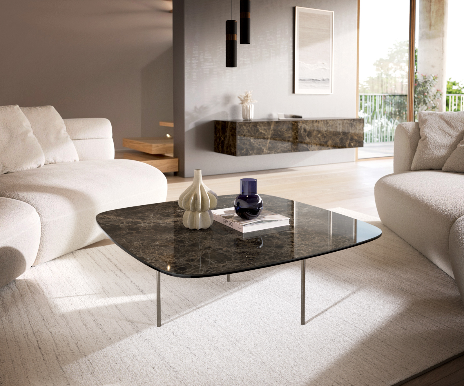 Dohányzóasztal Edge hajóformájú 90x90 cm Laminam® Emperador kerámia extra fényes sötétbarna Trive rozsdamentes acél szálcsiszolt