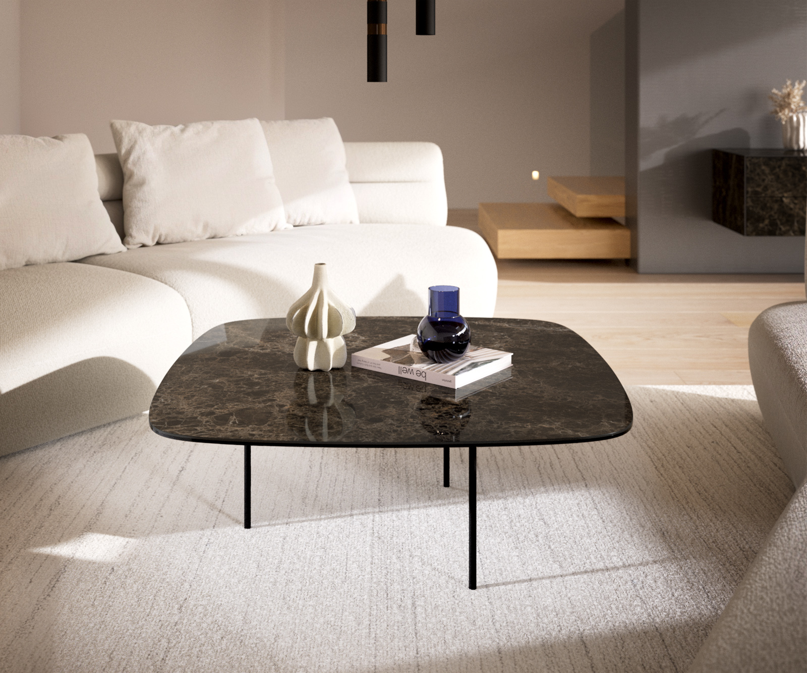 Dohányzóasztal Edge hajóformájú 90x90 cm Laminam® Emperador kerámia extra fényes sötétbarna Trive fém fekete - Image 2
