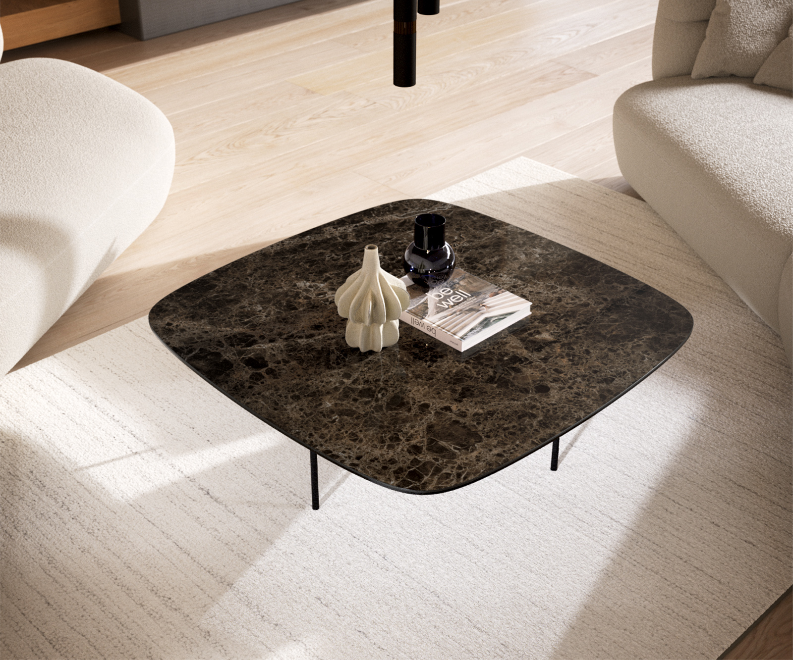 Dohányzóasztal Edge hajóformájú 90x90 cm Laminam® Emperador kerámia extra fényes sötétbarna Trive fém fekete - Image 4