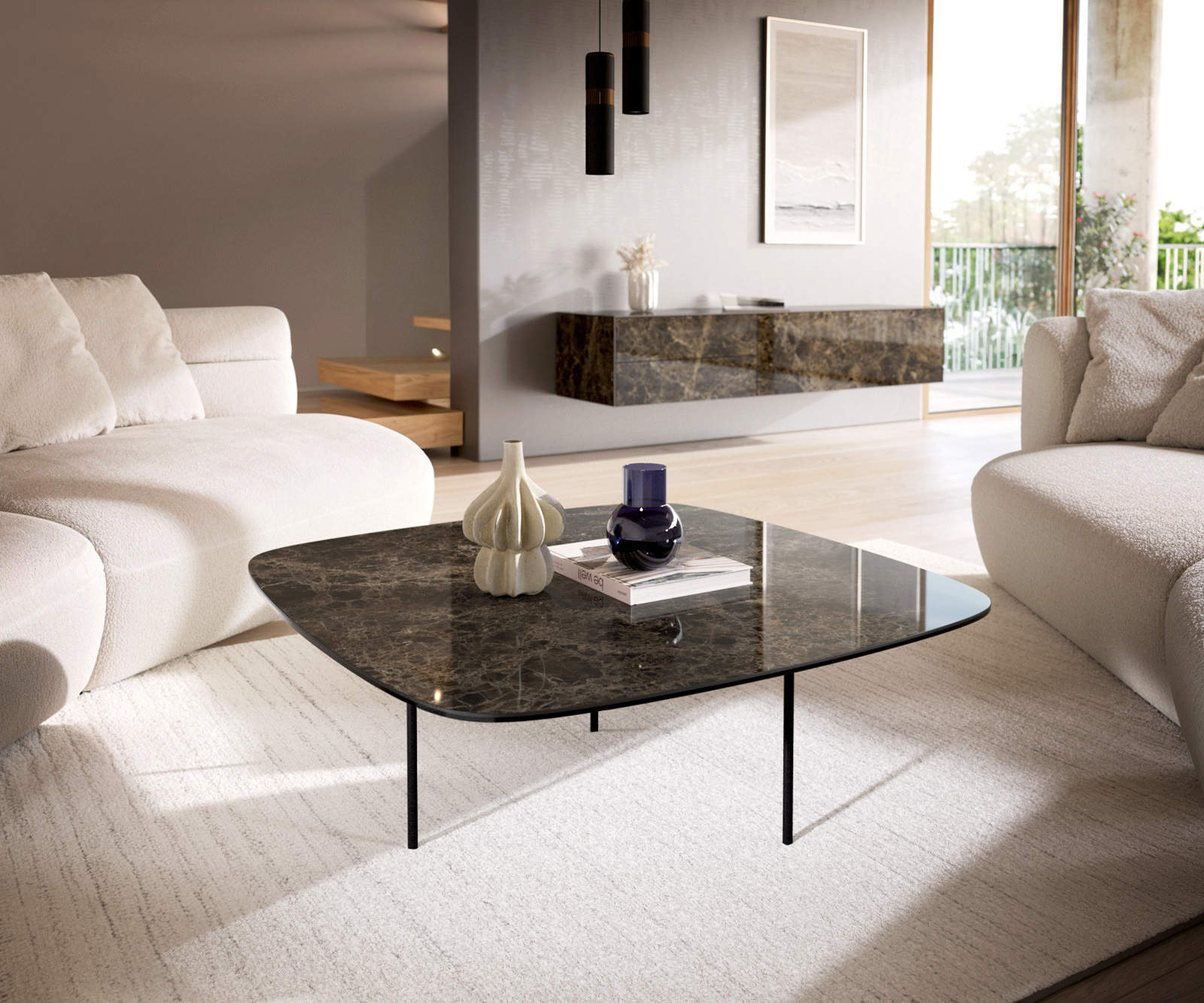 Dohányzóasztal Edge hajóformájú 90x90 cm Laminam® Emperador kerámia extra fényes sötétbarna Trive fém fekete