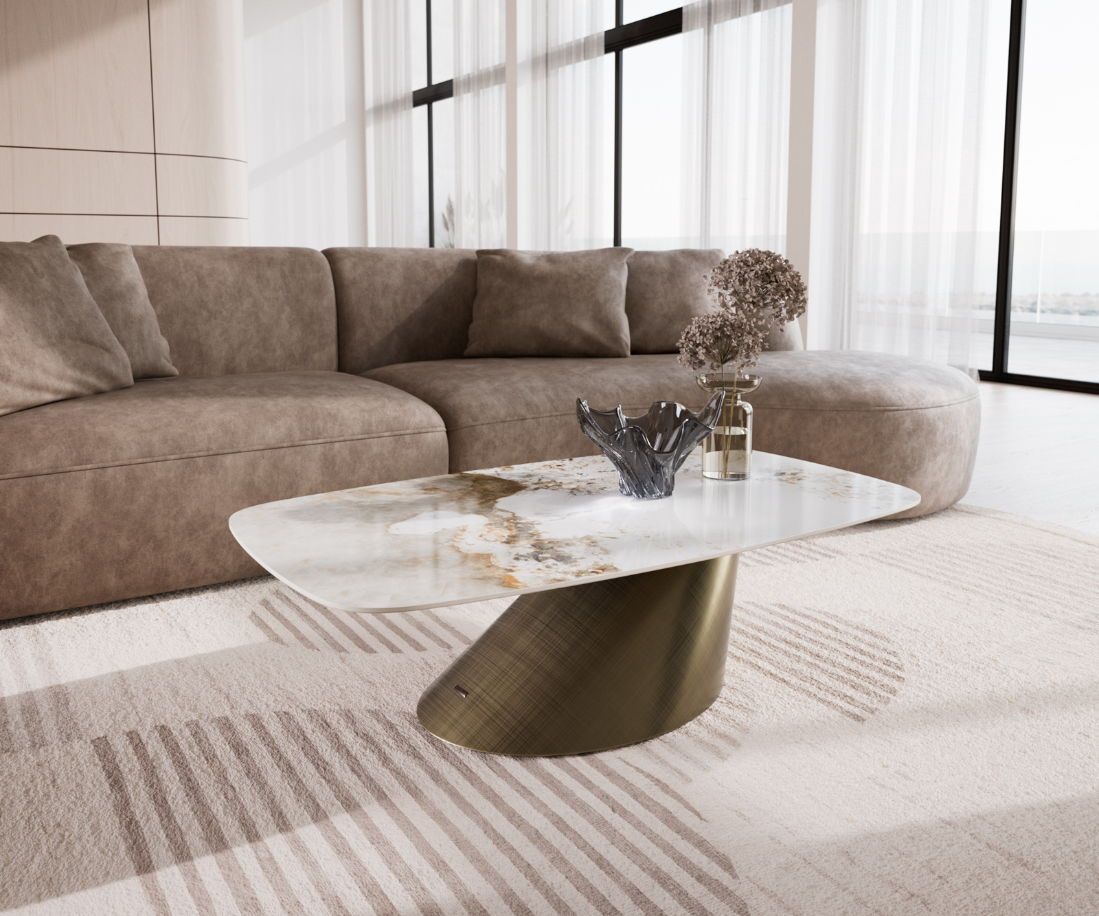 Dohányzóasztal Edge hajóformájú 120x70 cm kerámia Minas Melange Conis metál arany