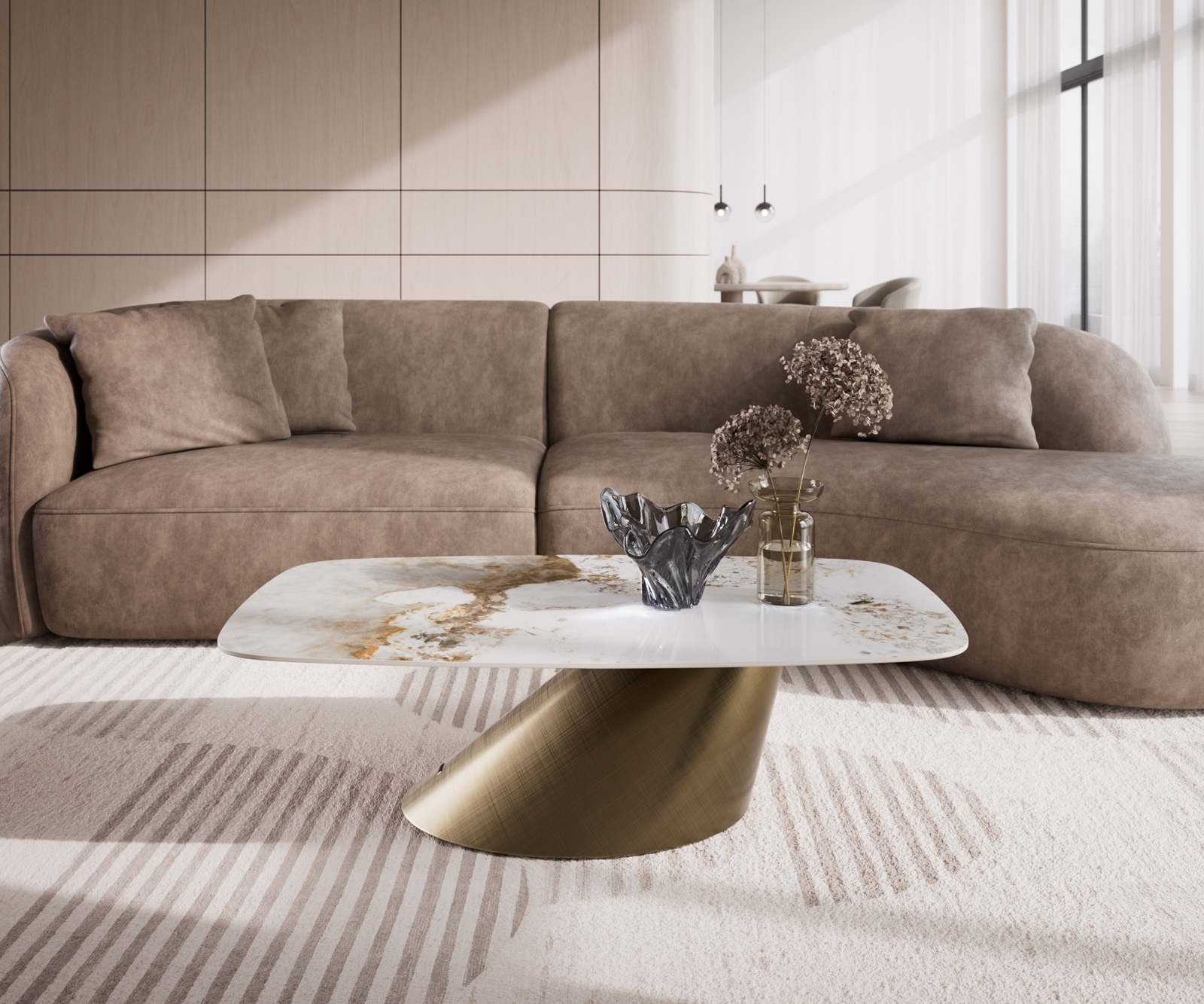 Dohányzóasztal Edge hajóformájú 120x70 cm kerámia Minas Melange Conis metál arany - Image 2