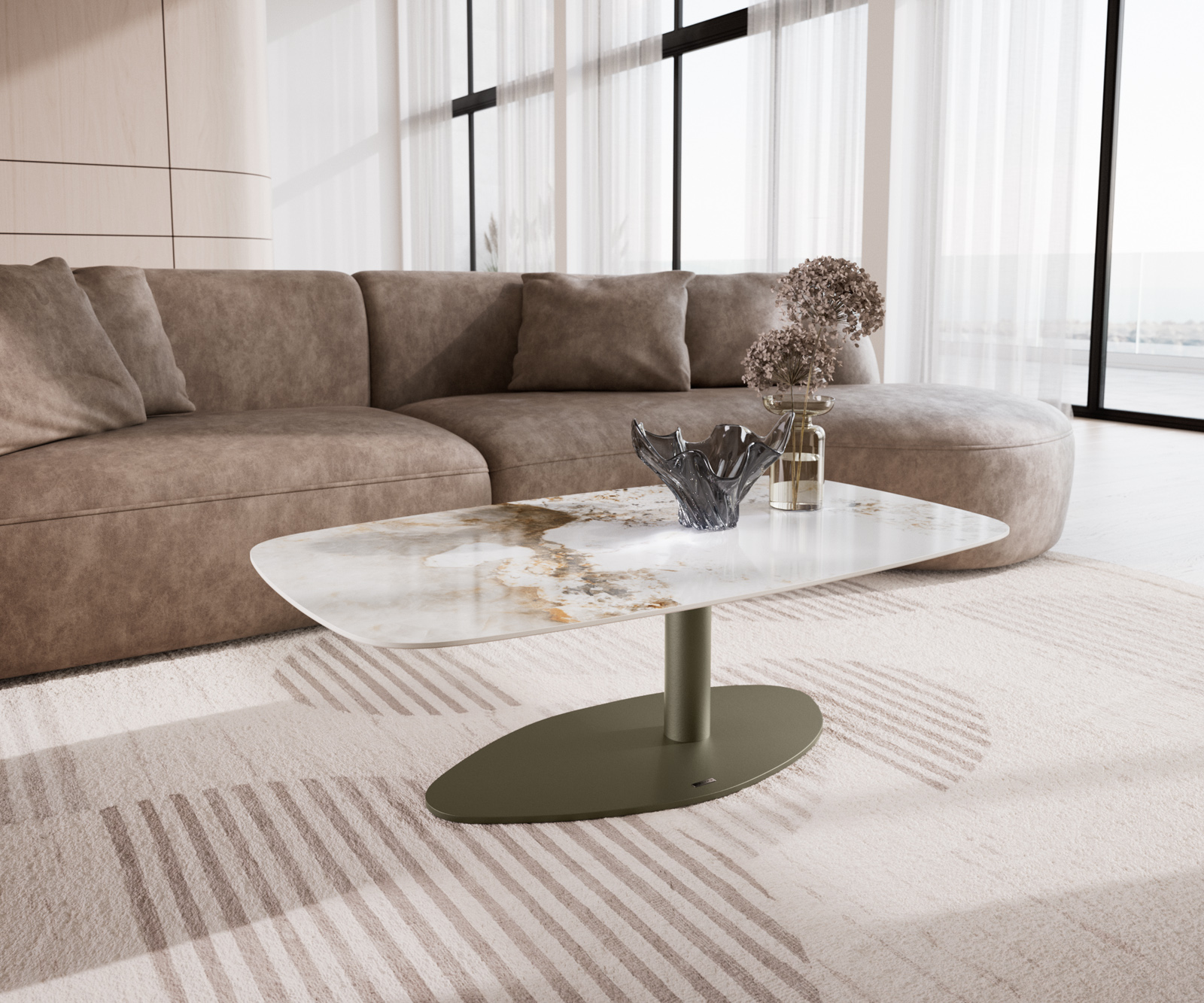 Dohányzóasztal Edge hajóformájú 120x70 cm kerámia Minas Melange Vibany fém titán színű effektfinish
