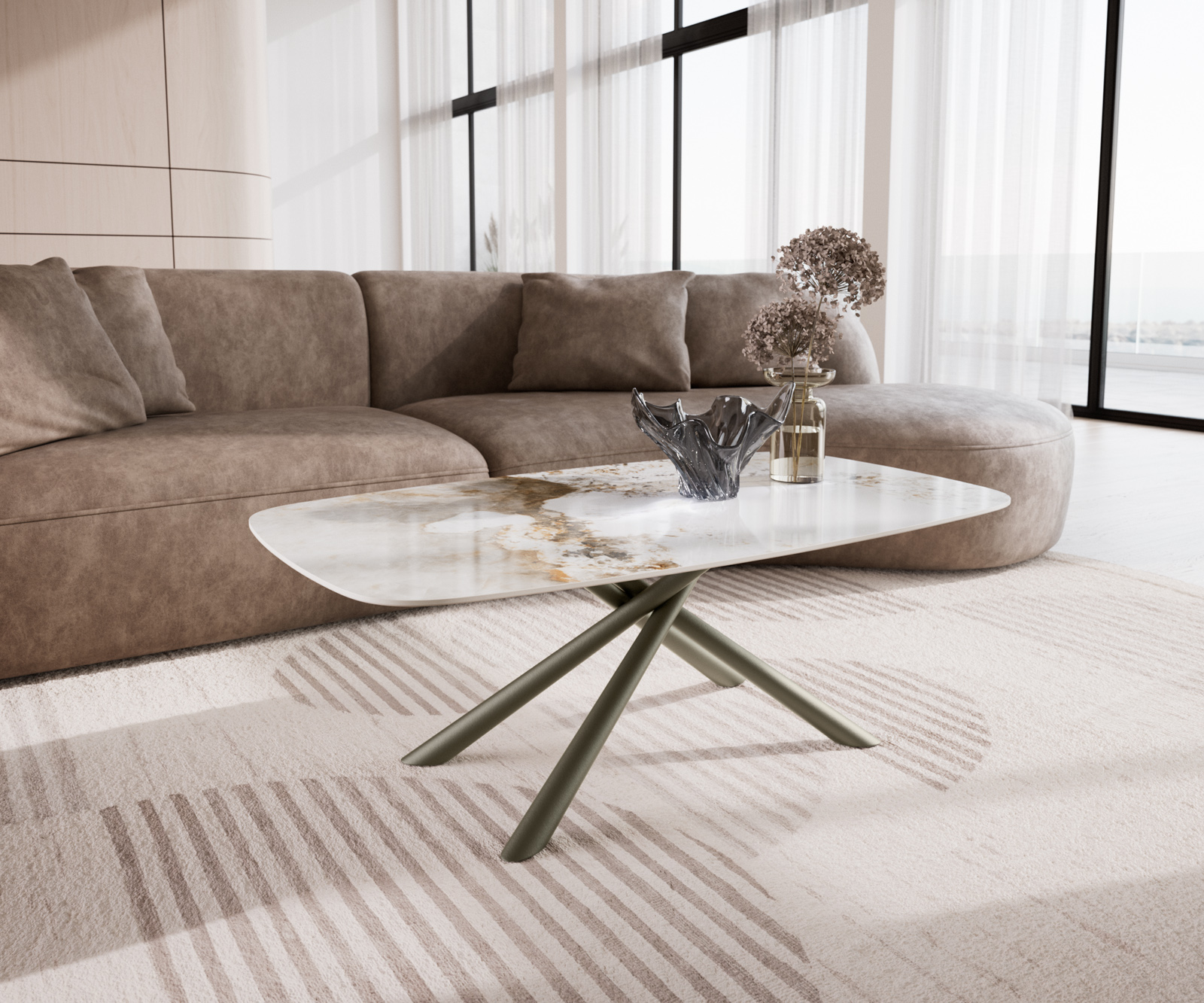 Dohányzóasztal Edge hajóformájú 120x70 cm kerámia Minas Melange Sarity fém titán színű effektfinish
