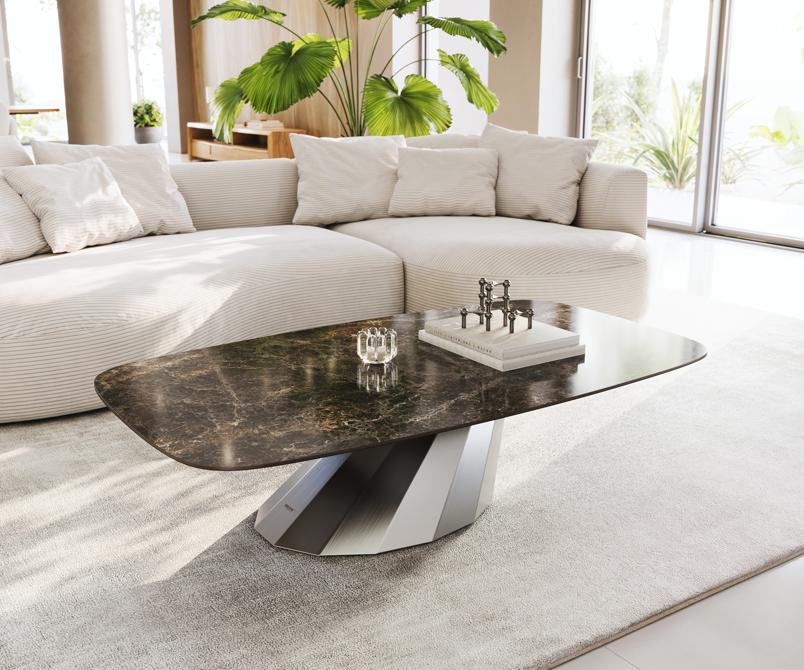 Dohányzóasztal Edge hajóformájú 140x80 cm Laminam® Emperador extra polírozott sötétbarna Parabi rozsdamentes acél szálcsiszolt
