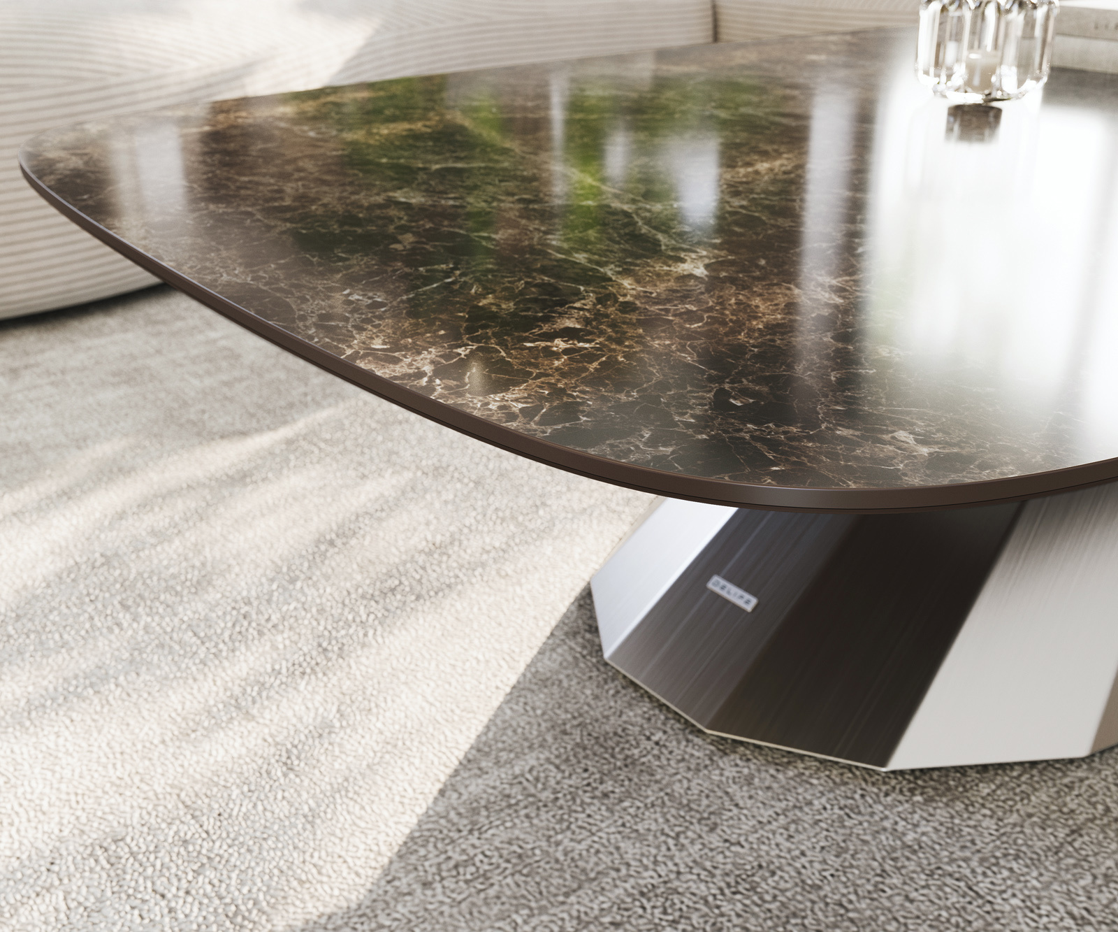 Dohányzóasztal Edge hajóformájú 140x80 cm Laminam® Emperador extra polírozott sötétbarna Parabi rozsdamentes acél szálcsiszolt - Image 6
