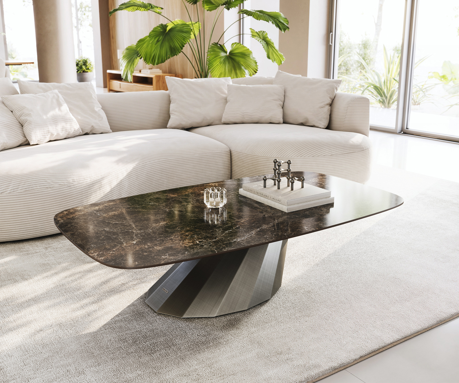 Dohányzóasztal Edge hajóformájú 140x80 cm kerámia Laminam® Emperador Extra Lucidato sötétbarna Parabi metál ezüst