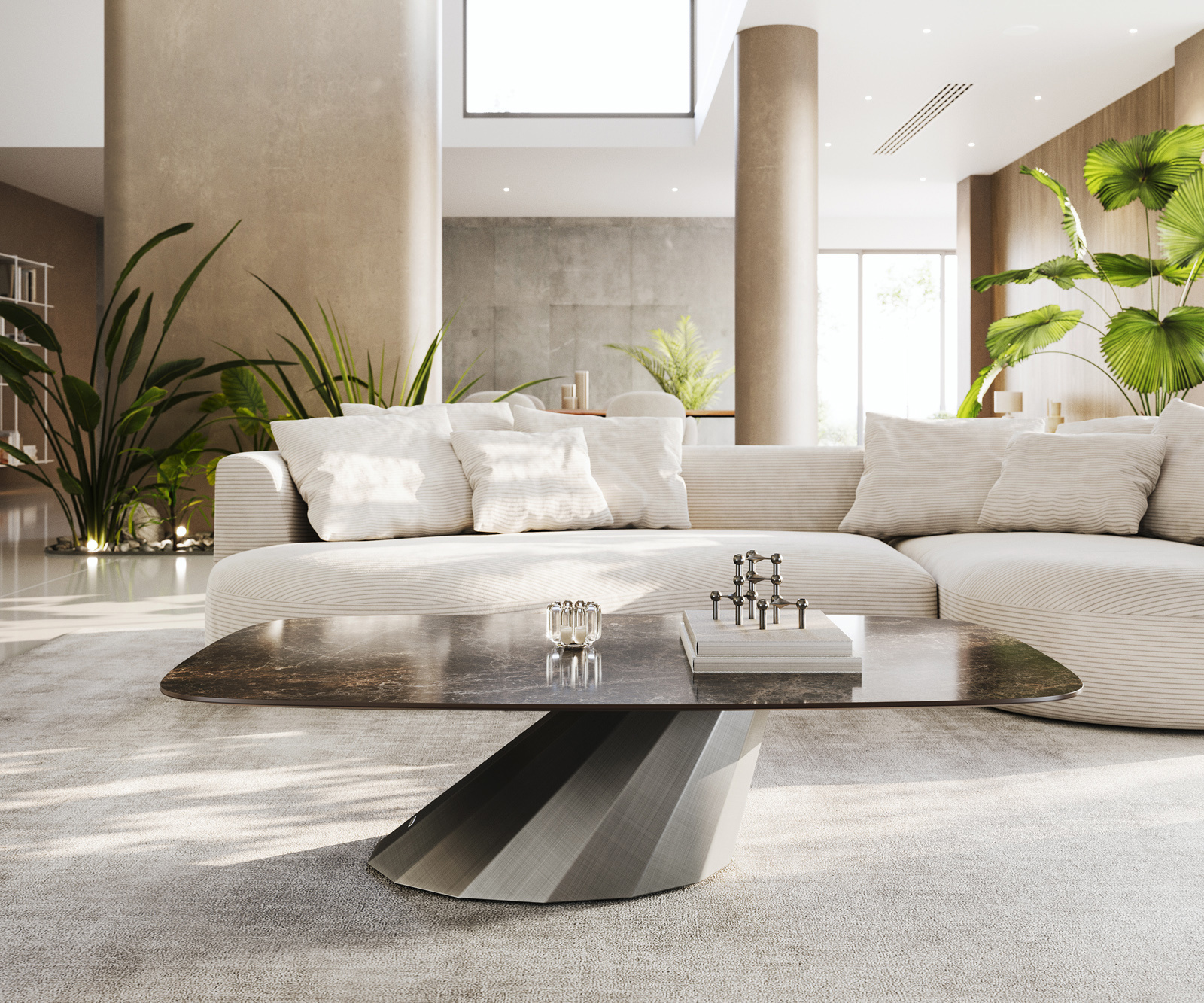 Dohányzóasztal Edge hajóformájú 140x80 cm kerámia Laminam® Emperador Extra Lucidato sötétbarna Parabi metál ezüst - Image 2