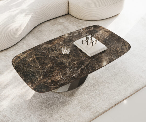 Dohányzóasztal Edge hajóformájú 140x80 cm kerámia Laminam® Emperador Extra Lucidato sötétbarna Parabi metál ezüst - Image 4