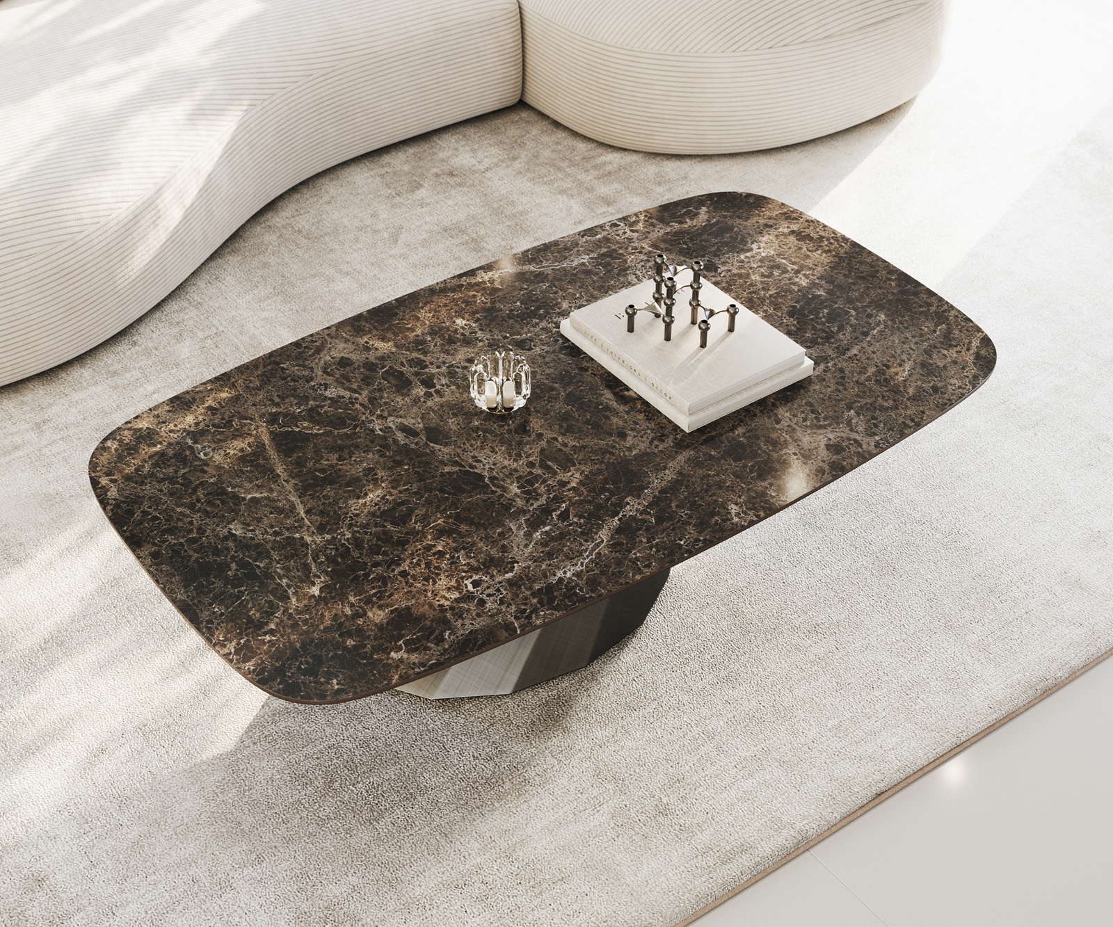 Dohányzóasztal Edge hajóformájú 140x80 cm kerámia Laminam® Emperador Extra Lucidato sötétbarna Parabi metál ezüst - Image 4