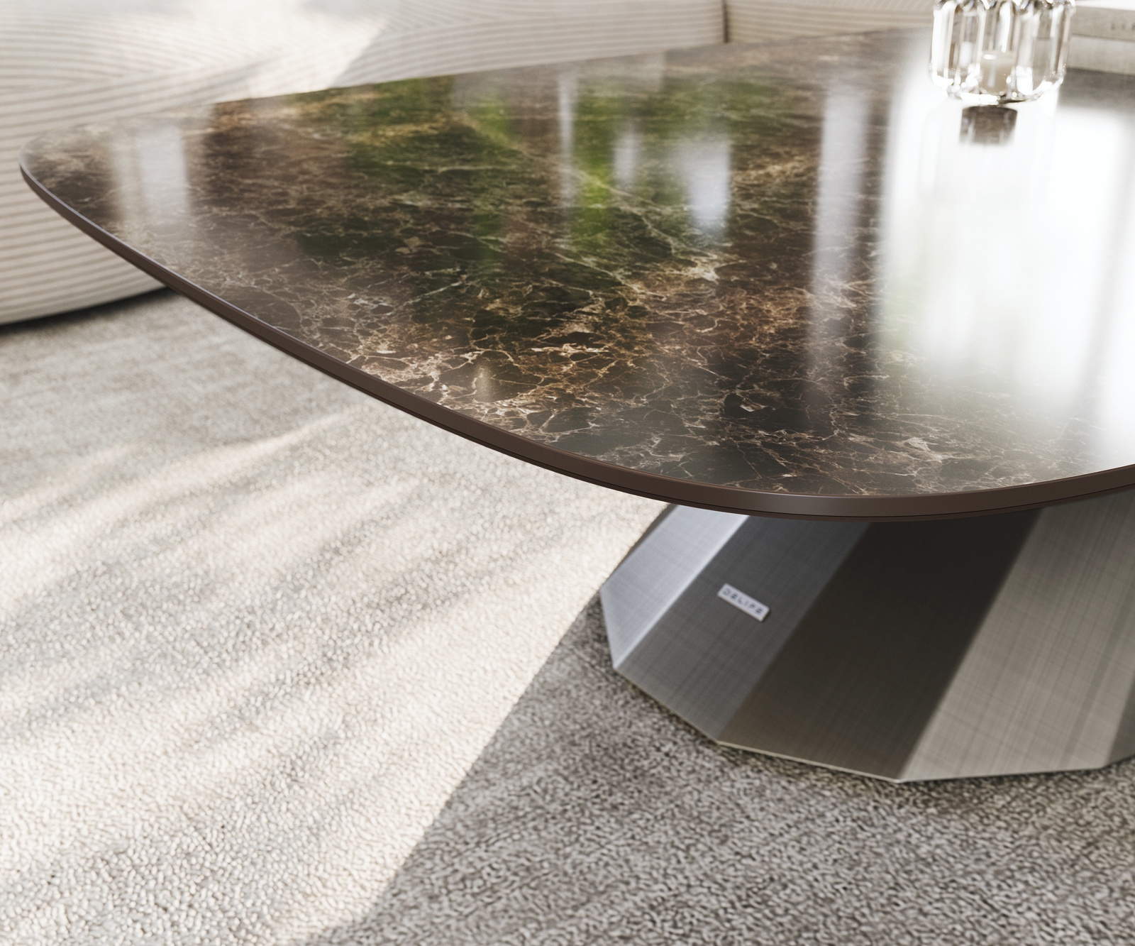 Dohányzóasztal Edge hajóformájú 140x80 cm kerámia Laminam® Emperador Extra Lucidato sötétbarna Parabi metál ezüst - Image 6