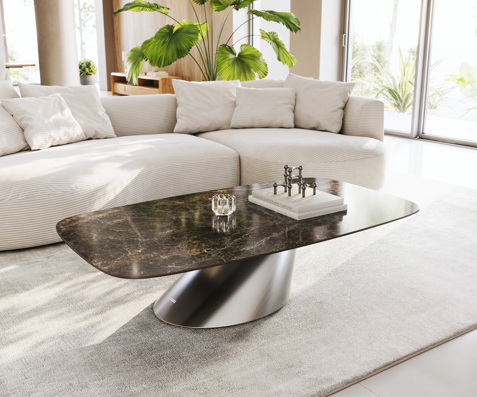 Dohányzóasztal Edge hajóformájú 140x80 cm Laminam® kerámia Emperador Extra Lucidato sötétbarna kúpos rozsdamentes acél szálcsiszolt